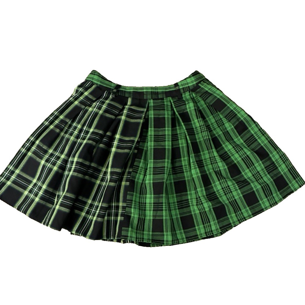 Social Collision Green Black Plaid Pleated Mini Skirt Split Pattern Punk Goth SM